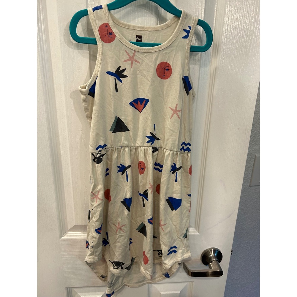 Tea Collection Cream Tank Dress with Blue and Pink Geometric Prints